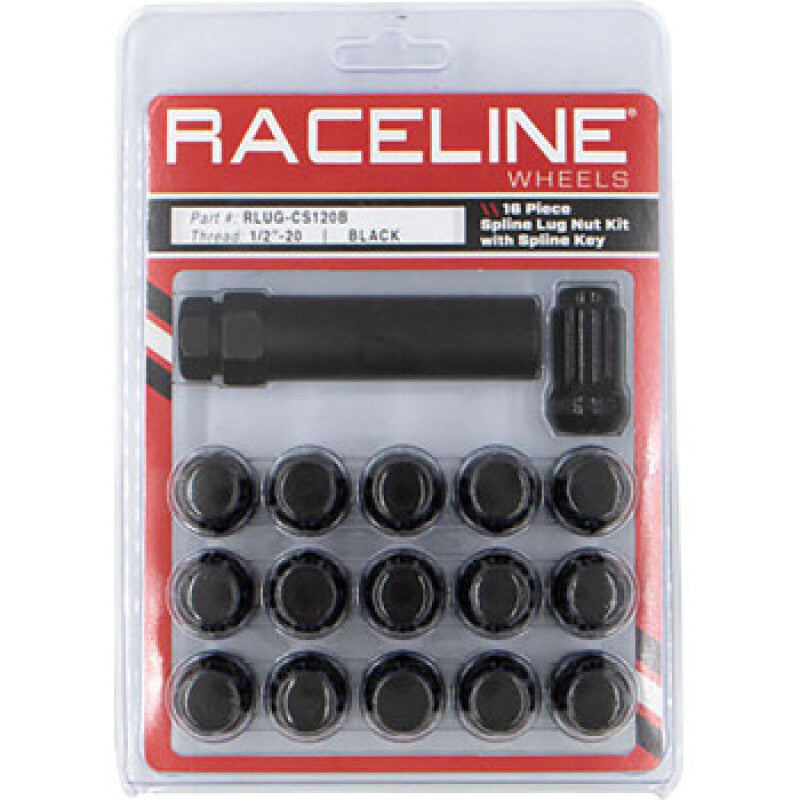 Raceline Spline Lug Nut Kit with Spline Key 1/2in-20 - 16 Pack - Black Wheel Accessories Raceline