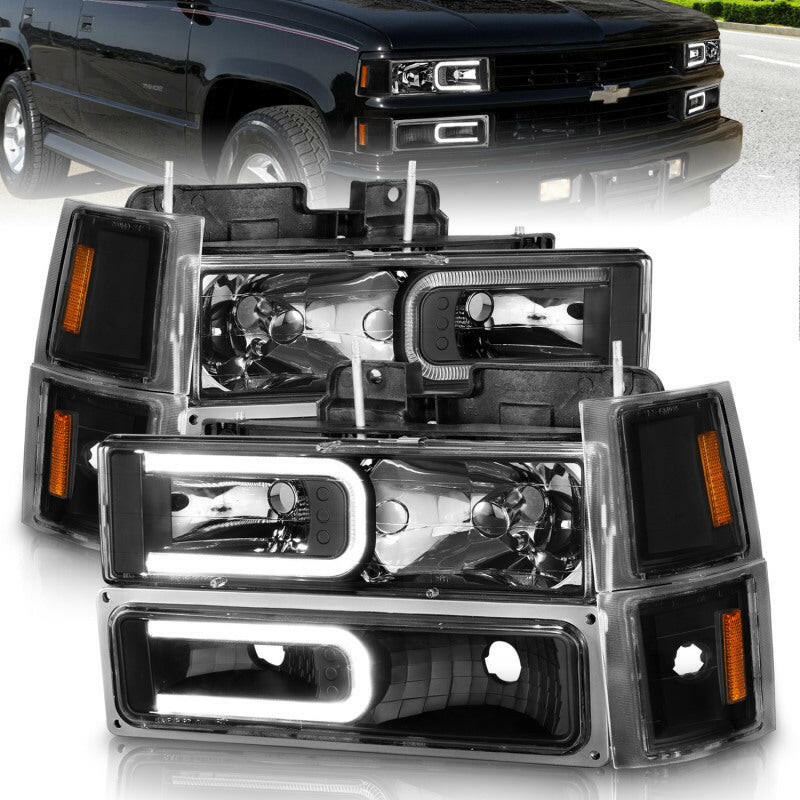 ANZO 88-98 Chevrolet C1500 Crystal Headlights w/ Light Bar Black Housing w/ Signal Side Markers 8Pcs Headlights ANZO