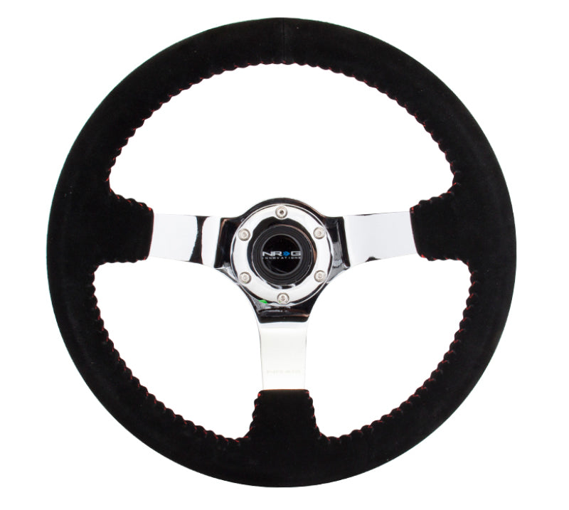 NRG Reinforced Steering Wheel (350mm / 3in. Deep) Blk Suede w/Red BBall Stitch & Chrome 3-Spoke Steering Wheels NRG