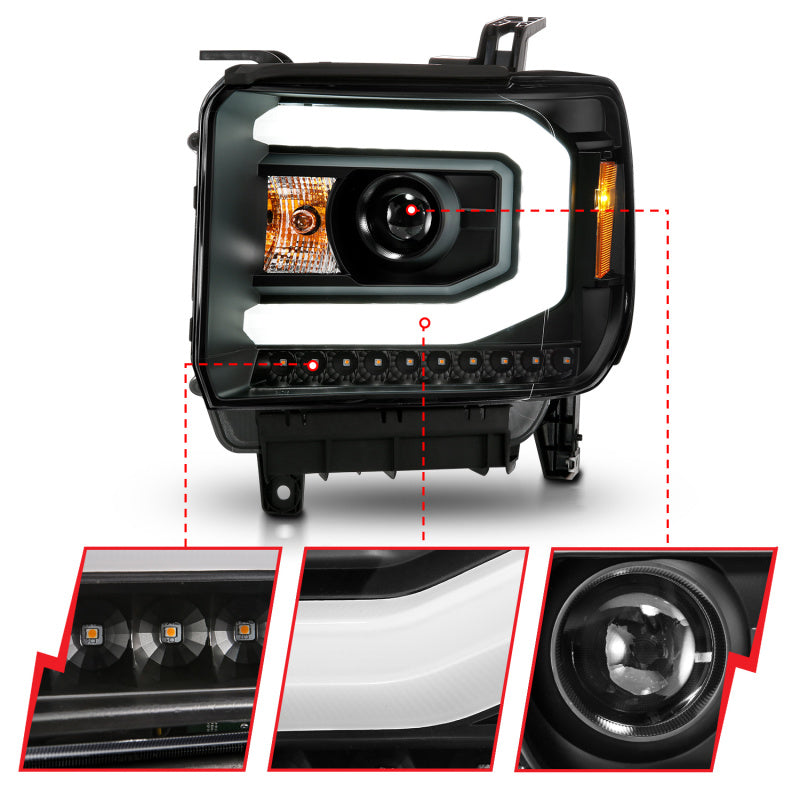 ANZO 2014-2015 GMC Sierra 1500 Projector Headlights w/ Light Bar Black Housing (Halogen Type) Headlights ANZO