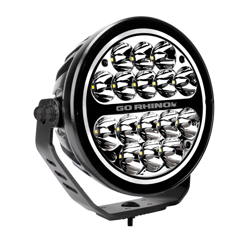 Go Rhino Xplor Blackout Series Round LED Spot Light Beam w/DRL (Surface/Thread Stud Mnt) 7in. - Blk Light Bars & Cubes Go Rhino