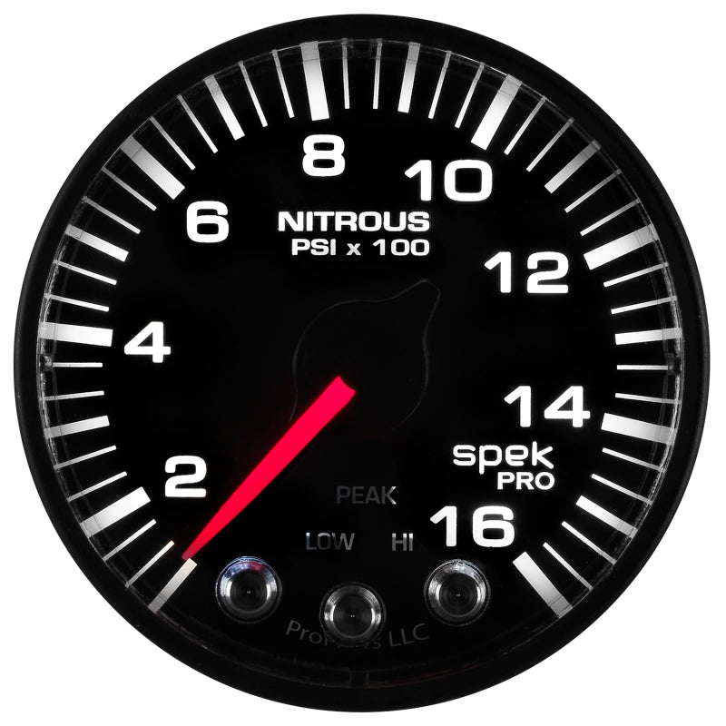 Autometer Spek-Pro Gauge Nitrous Press 2 1/16in 1600psi Stepper Motor W/Peak & Warn Blk/Blk Gauges AutoMeter