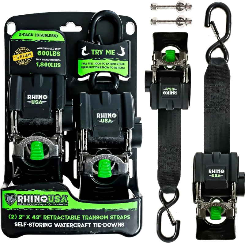 Rhino USA Retractable Transom Straps (2 Pack-Stainless) Tow Straps Rhino USA