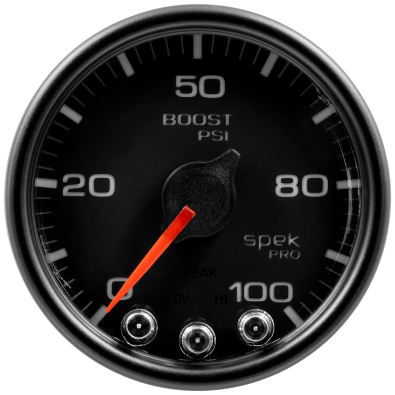 Autometer Spek-Pro Gauge Boost 2 1/16in 100psi Stepper Motor W/Peak & Warn Blk/Blk Gauges AutoMeter