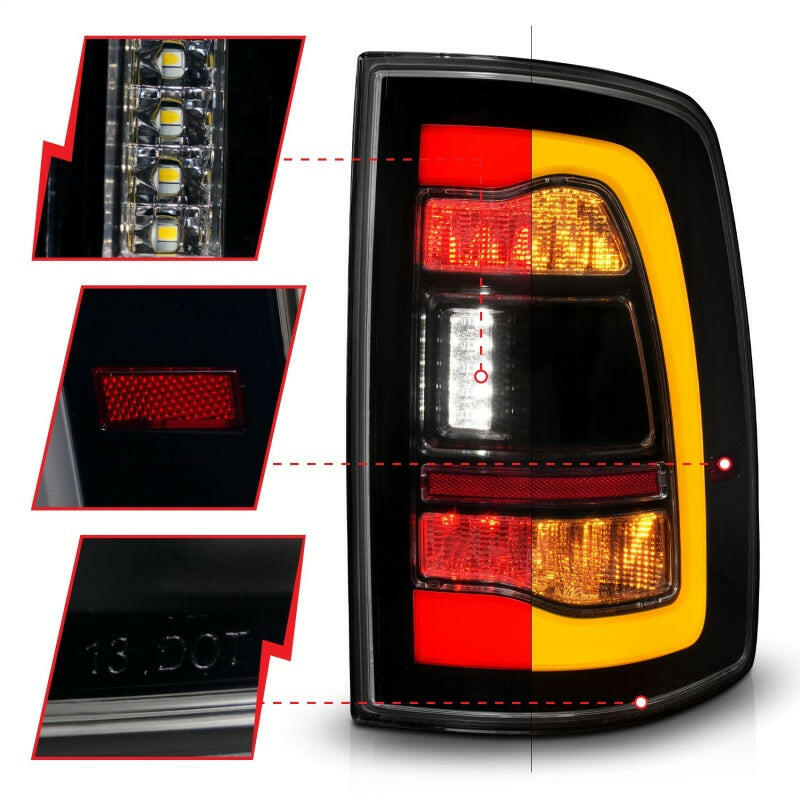 ANZO 09-18 Dodge Ram 1500 Sequential LED Taillights Smoke Black w/Switchback Amber Signal Tail Lights ANZO