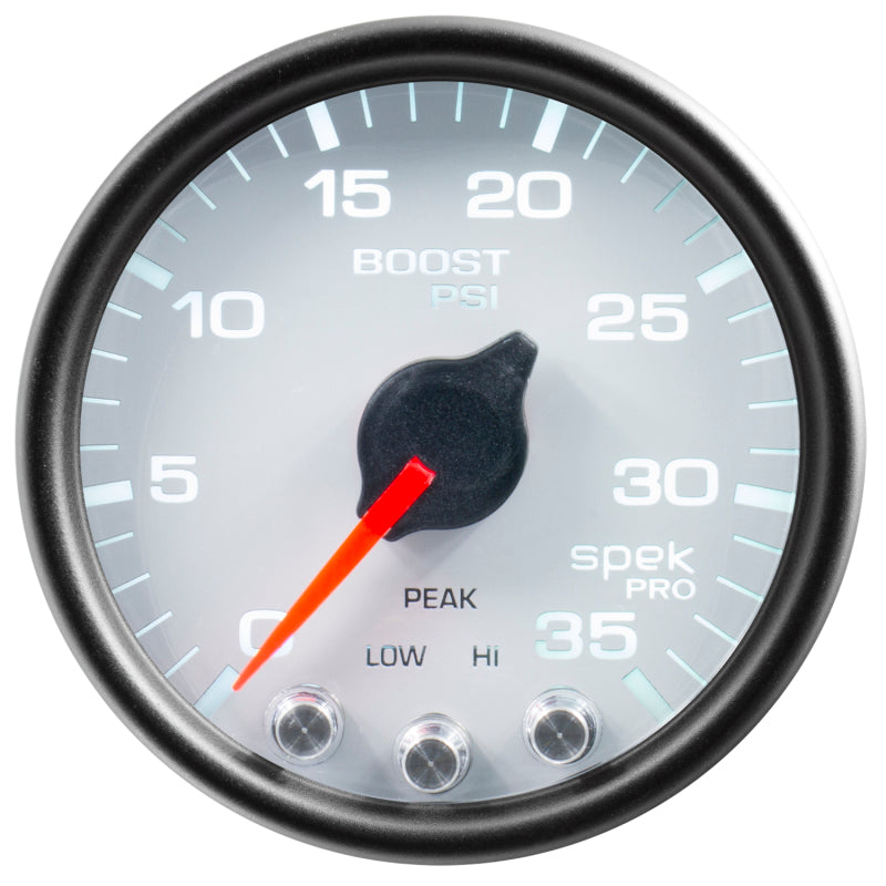 Autometer Spek-Pro Gauge Boost 2 1/16in 35psi Stepper Motor W/Peak & Warn White/Black Gauges AutoMeter