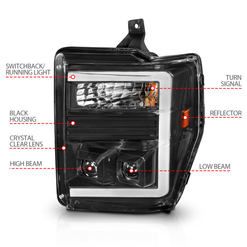 ANZO 08-10 Ford F-250 - F-550 Super Duty Projector Headlights w/ Light Bar Switchback Black Housing Headlights ANZO