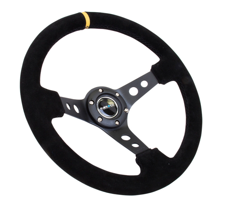 NRG Reinforced Steering Wheel (350mm / 3in. Deep) Blk Suede w/Circle Cut Spokes & Single Yellow CM Steering Wheels NRG