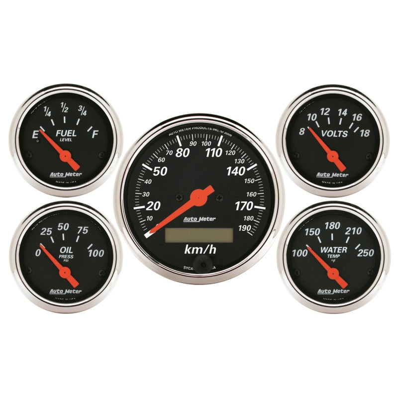 Autometer Designer Black 5 Pc Kit w/ Elec KMH Speedo, Oil Press, Water Temp, Volt, Fuel Level Gauges AutoMeter