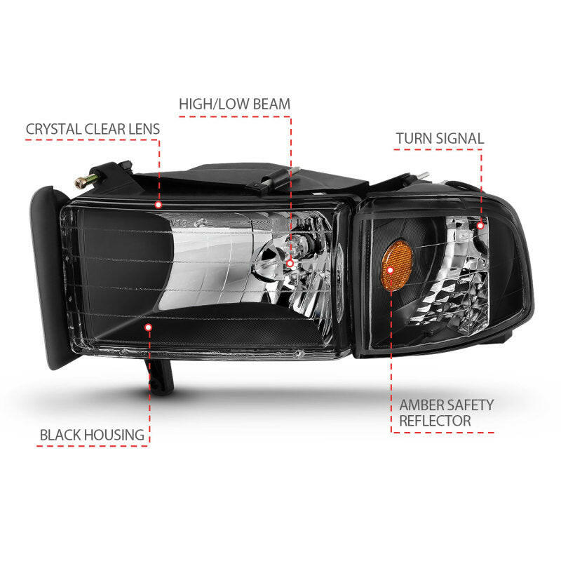 ANZO 1994-2001 Dodge Ram Crystal Headlights Black Headlights ANZO