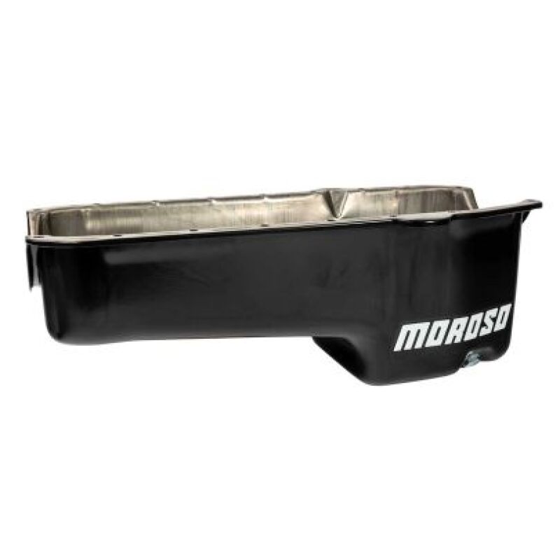 Moroso 80-85 Chevrolet Small Block (w/Pssngr Side Dipstick) Wet Sump 5qt 7.5in Steel Oil Pan - Black Oil Pans Moroso