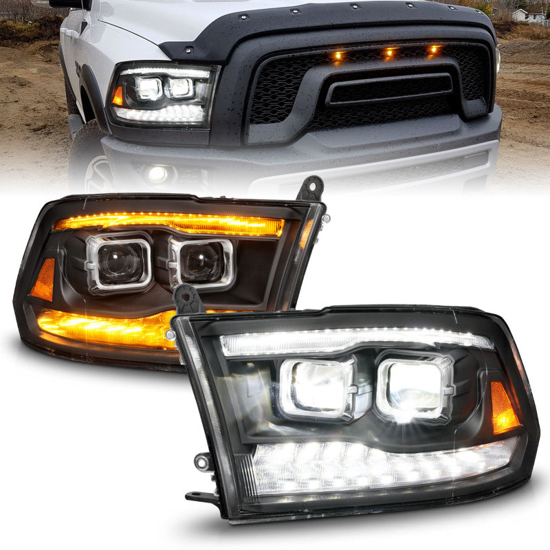 ANZO 09-18 Dodge Ram 1500/2500/3500 Full LED Proj Headlights w/Switchback Light Bar - Black Headlights ANZO