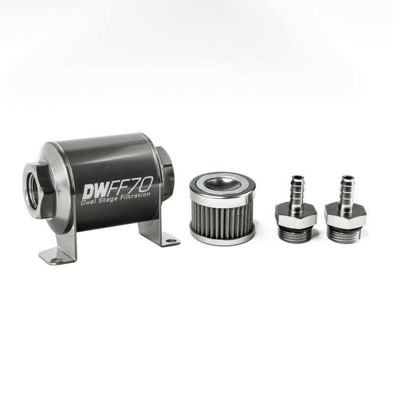 DeatschWerks Stainless Steel 5/16in 40 Micron Universal Inline Fuel Filter Housing Kit (70mm) Fuel Filters DeatschWerks