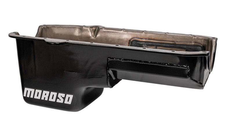 Moroso Pre-85 Chevrolet Small Block (w/Driver Side Dipstick) Wet Sump 6qt 8.25in Steel Oil Pan - Blk Oil Pans Moroso