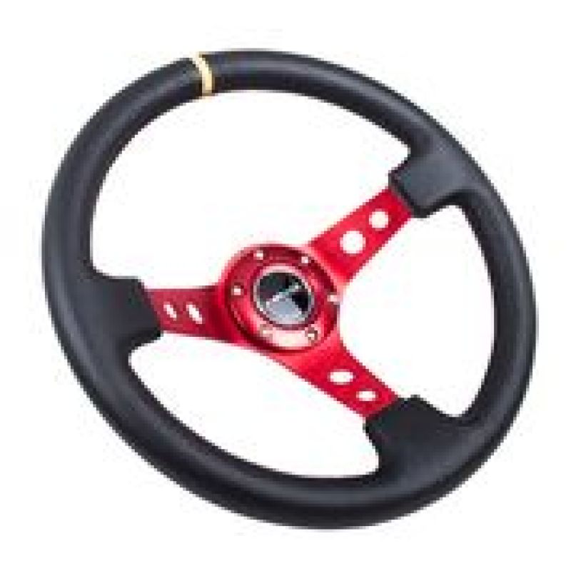 NRG Reinforced Steering Wheel (350mm / 3in. Deep) Blk Leather w/Red Spokes & Sgl Yellow Center Mark Steering Wheels NRG