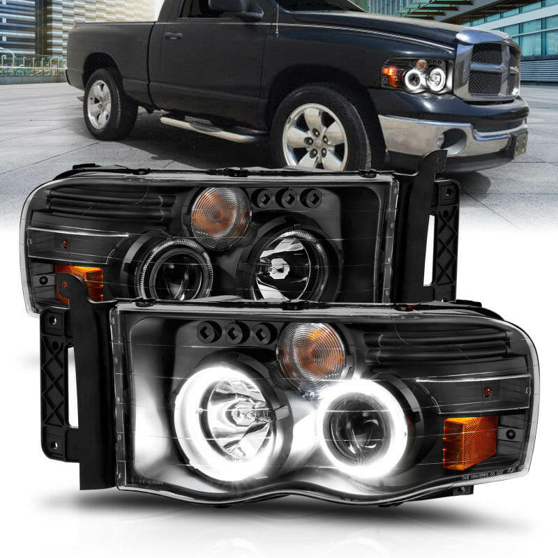 ANZO 2002-2005 Dodge Ram 1500 Projector Headlights w/ Halo Black Clear Amber Headlights ANZO