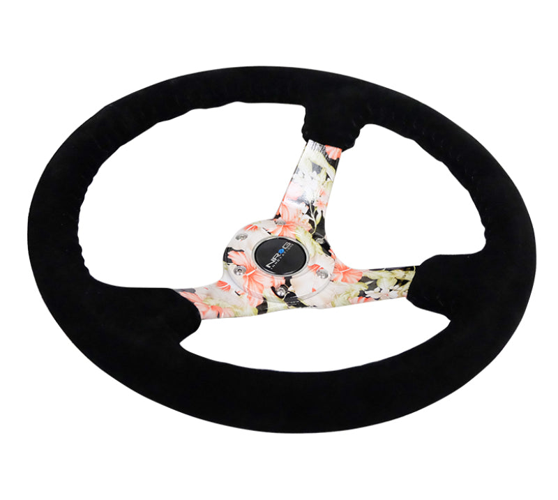 NRG Reinforced Steering Wheel (350mm / 3in. Deep) Blk Suede Floral Dipped w/ Blk Baseball Stitch Steering Wheels NRG