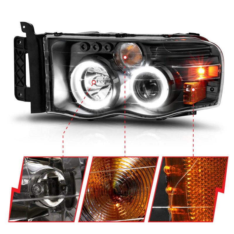 ANZO 2002-2005 Dodge Ram 1500 Projector Headlights w/ Halo Black Clear Amber Headlights ANZO
