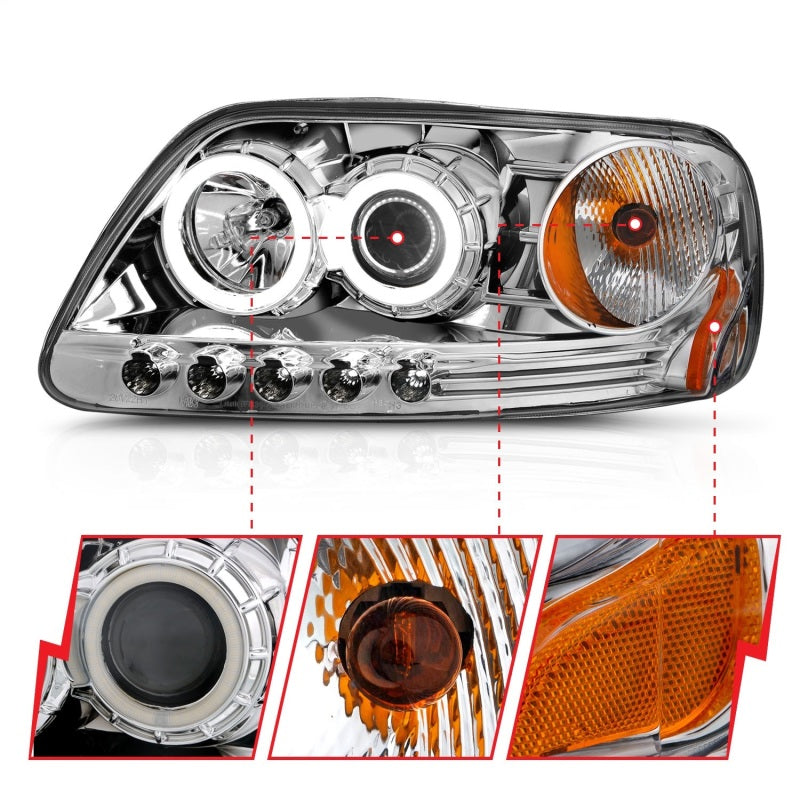 ANZO 1997.5-2003 Ford F-150 Projector Headlights w/ Halo Chrome 1pc Headlights ANZO