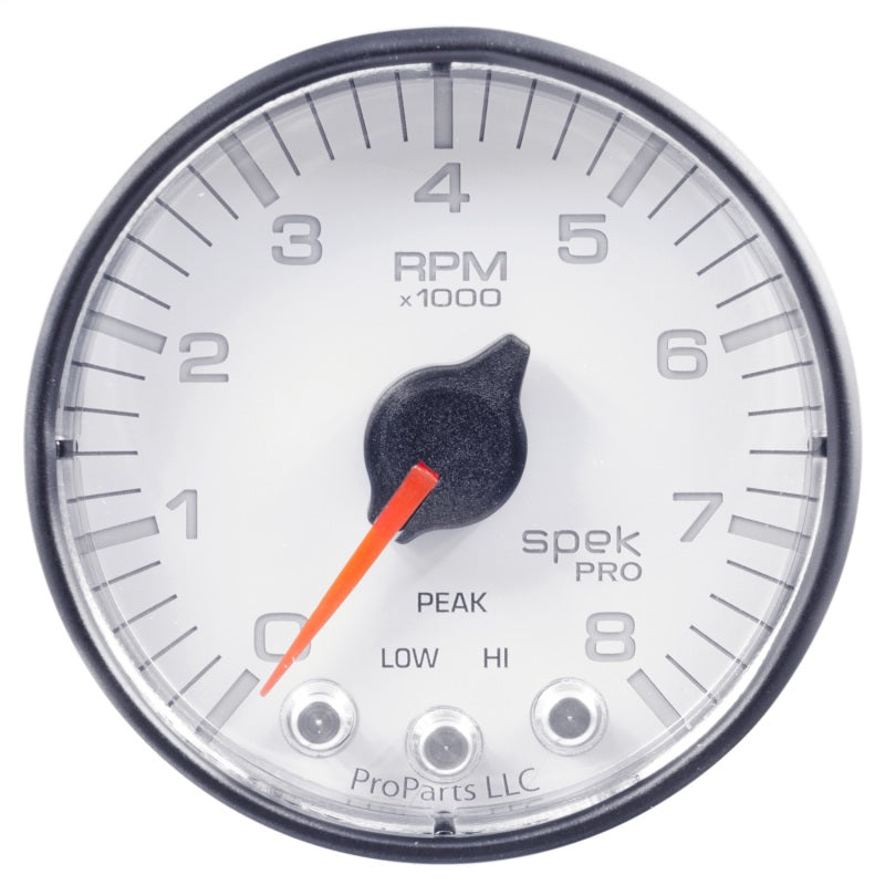 Autometer Spek-Pro Gauge Tach 2 1/16in 8K Rpm W/ Shift Light & Peak Mem Wht/Blk Gauges AutoMeter