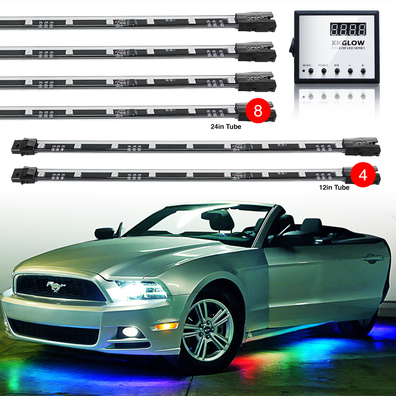 XK Glow 3 Million Color XKGLOW LED Accent Light Car/Truck Kit 8x24In + 4x12In Tubes Light Accessories and Wiring XKGLOW