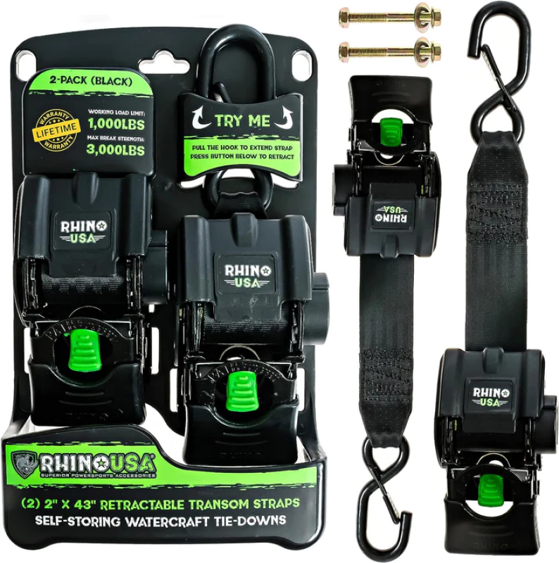 Rhino USA Retractable Transom Straps (2 Pack-Black) Tow Straps Rhino USA
