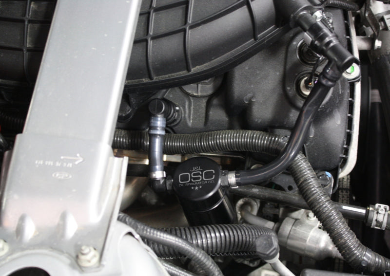 J&L 11-17 Ford Mustang V6 Passenger Side Oil Separator 3.0 - Black Anodized Oil Separators J&L