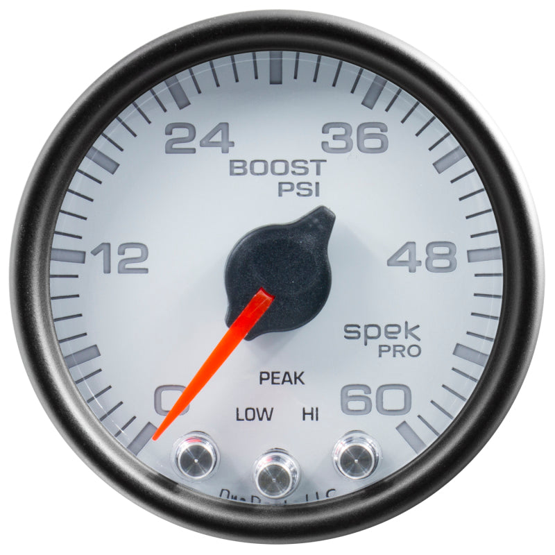 Autometer Spek-Pro Gauge Boost 2 1/16in 60psi Stepper Motor W/Peak & Warn Wht/Blk Gauges AutoMeter