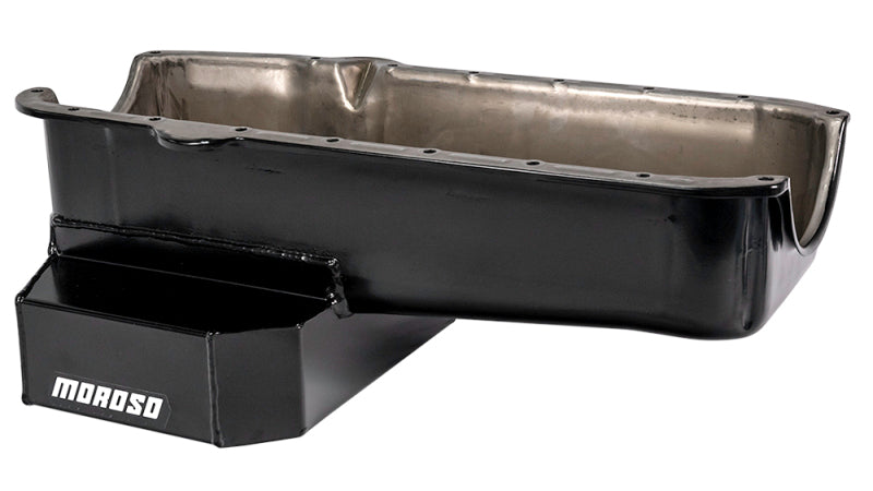 Moroso Pre-80 Chevrolet SBC (w/Driver Side Dipstick) Wet Sump 7qt 7.5in Steel Oil Pan - Black Oil Pans Moroso
