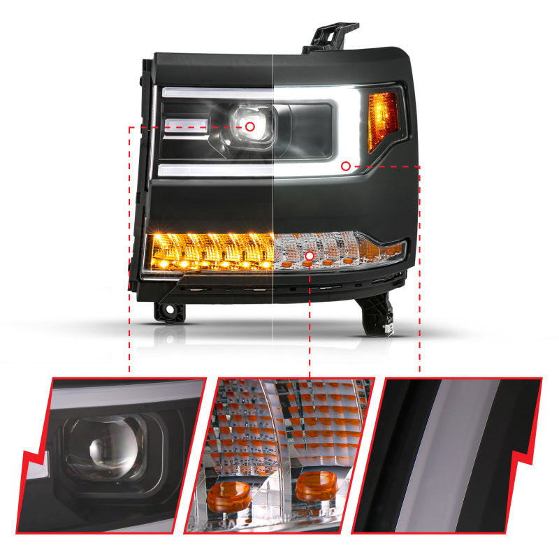 ANZO 16-18 Chevy Silverado1500 (Factory HID Models) LED Proj Light Bar Style Headlights Black - Pair Headlights ANZO