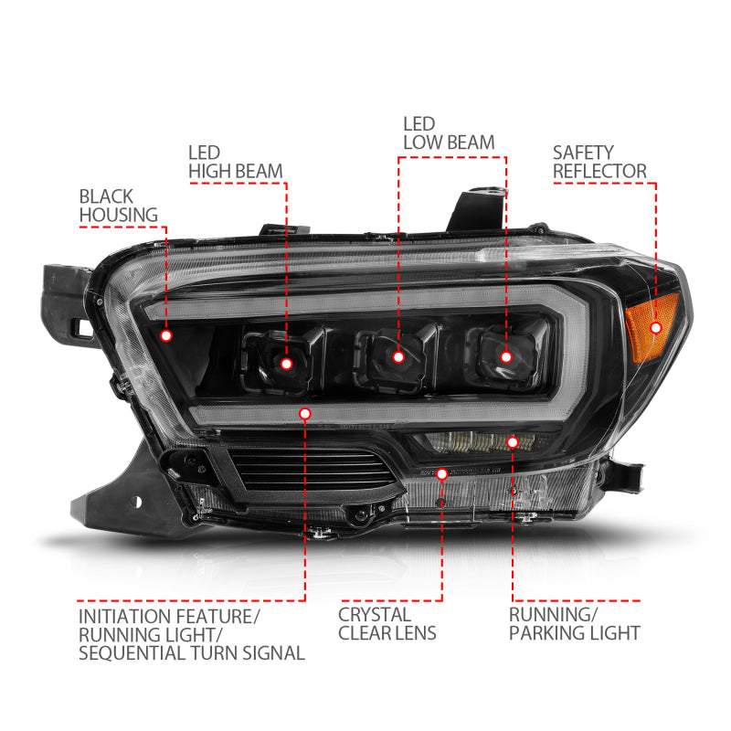 ANZO 16-22 Toyota Tacoma LED Projector Headlights w/ Light Bar Sequential Black Housing w/Initiation Headlights ANZO