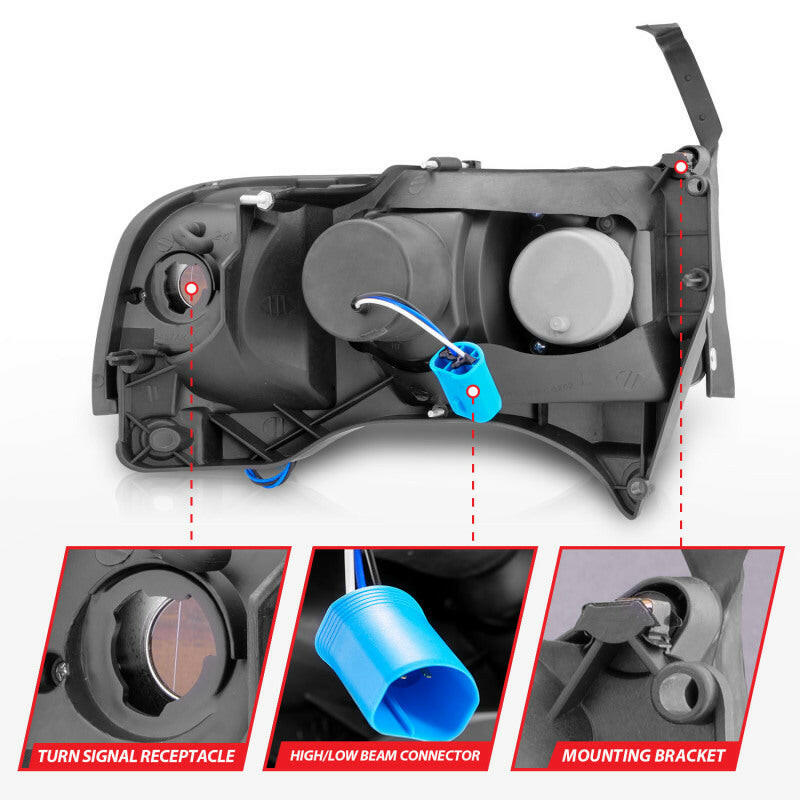 ANZO 1994-2001 Dodge Ram Crystal Headlights Black w/ LED Headlights ANZO