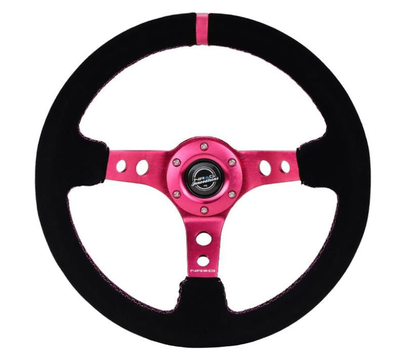 NRG Reinforced Steering Wheel (350mm/ 3in. Deep) Black Suede/ Fushia Center Mark/ Fushia Stitching Steering Wheels NRG