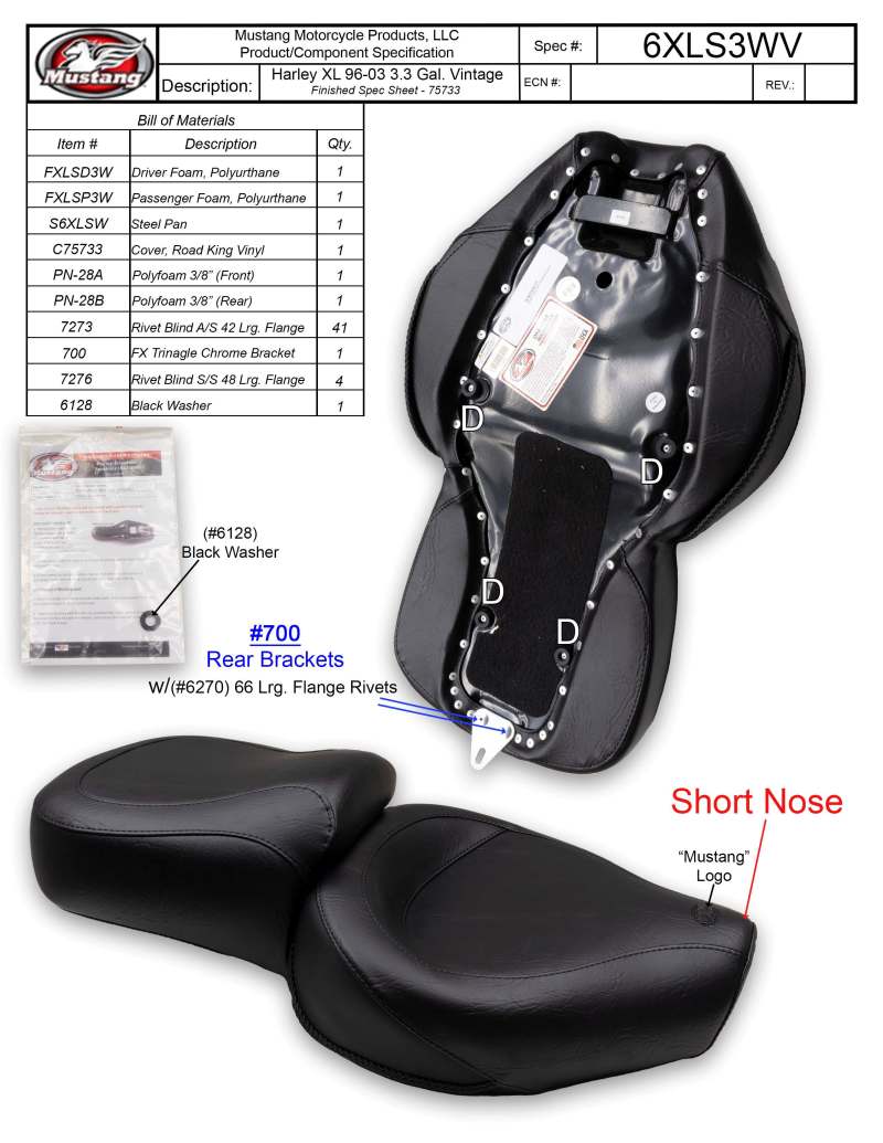 Mustang 96-03 Harley Sportster 3.3 Gal Vintage Touring-XIS 1PC Seat - Blackl Solo Motorcycle Seats Mustang Motorcycle