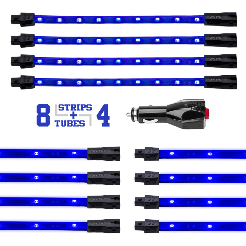 XK Glow Single Color XKGLOW UnderglowLED Accent Light Car/Truck Kit Blue - 8x24In Tube + 4x8In Strip Light Accessories and Wiring XKGLOW