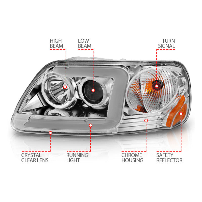 ANZO 1997-2003 Ford F-150 Projector Headlights w/ Light Bar Chrome Housing Headlights ANZO