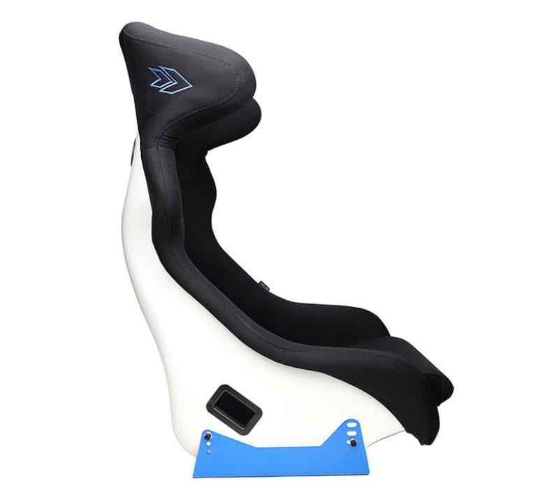 NRG FRP Bucket Seat - White Finish with Arrow Embroidery And Blue Side Mount Bracket Race Seats NRG