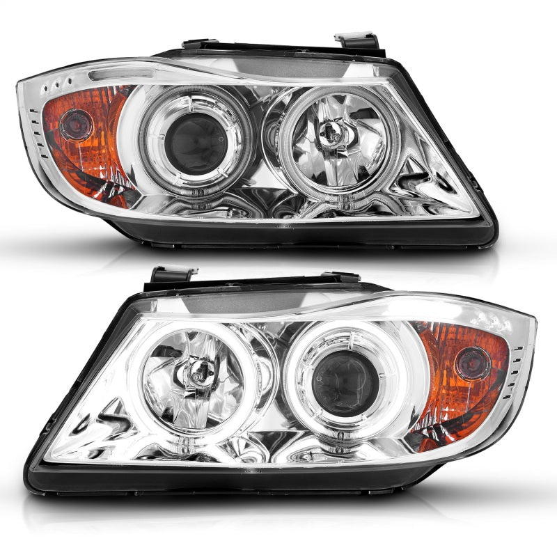 ANZO 2006-2008 BMW 3 Series E90-E91 Projector Headlights w/ Halo w/ LED Bar Chrome (CCFL) Headlights ANZO