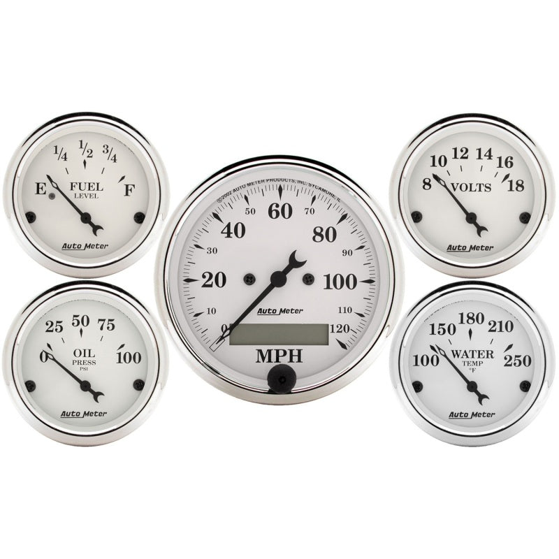 Autometer Old Tyme White 5 Piece Kit (Elec Speed/Elec Oil Press/Water Temp/Volt/Fuel Level) In-Dash Gauges AutoMeter