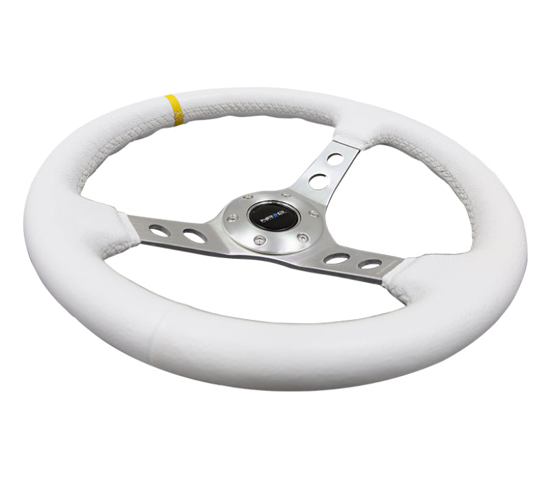NRG Reinforced Steering Wheel (350mm / 3in. Deep) Wht Leather w/Silver Spoke & Single Yellow Mark Steering Wheels NRG