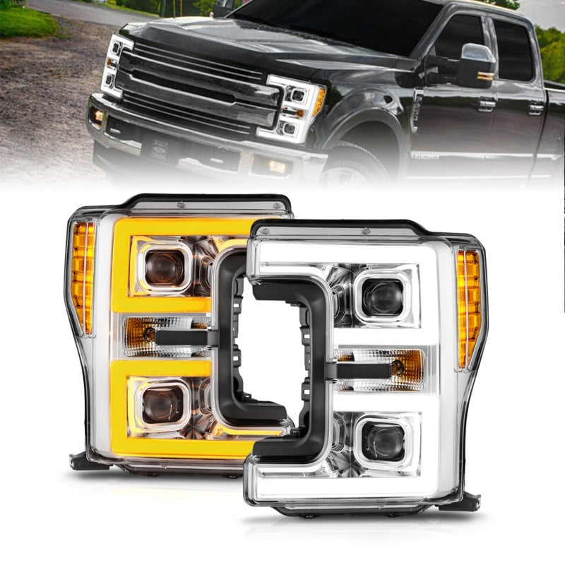 ANZO 17-19 Ford F-250/350/450 SD (w/o Factory LED HL) LED Proj Headlights w/Light Bar Switchback Chr Headlights ANZO