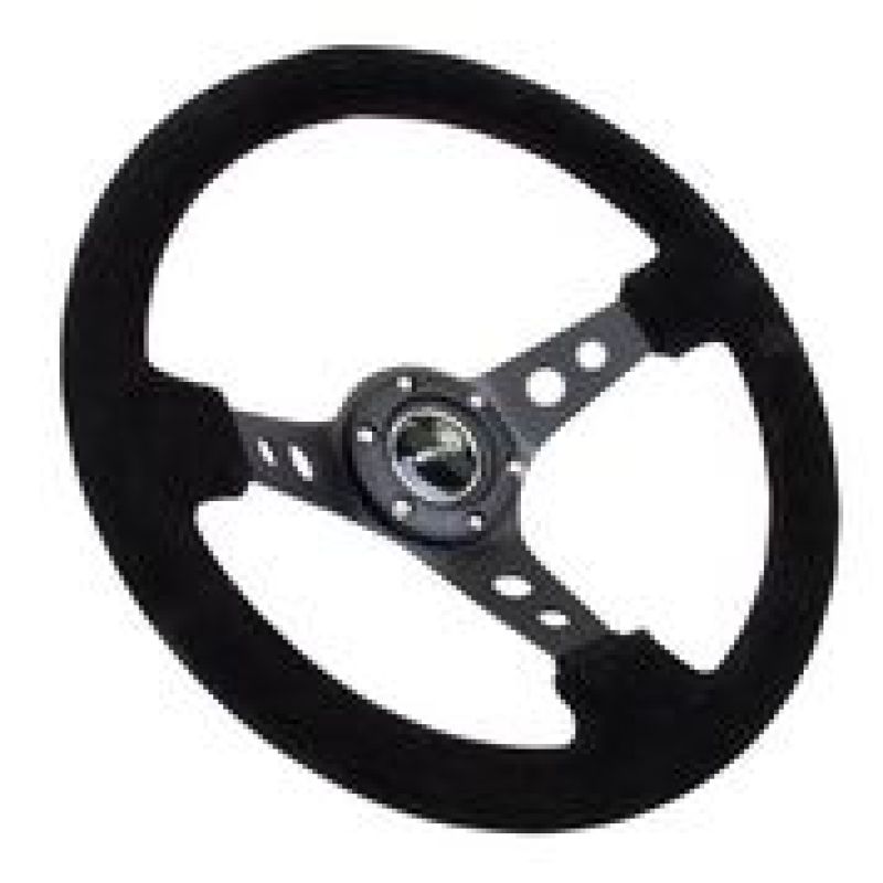 NRG Reinforced Steering Wheel (350mm / 3in. Deep) Blk Suede/Blk Stitch w/Black Circle Cutout Spokes Steering Wheels NRG