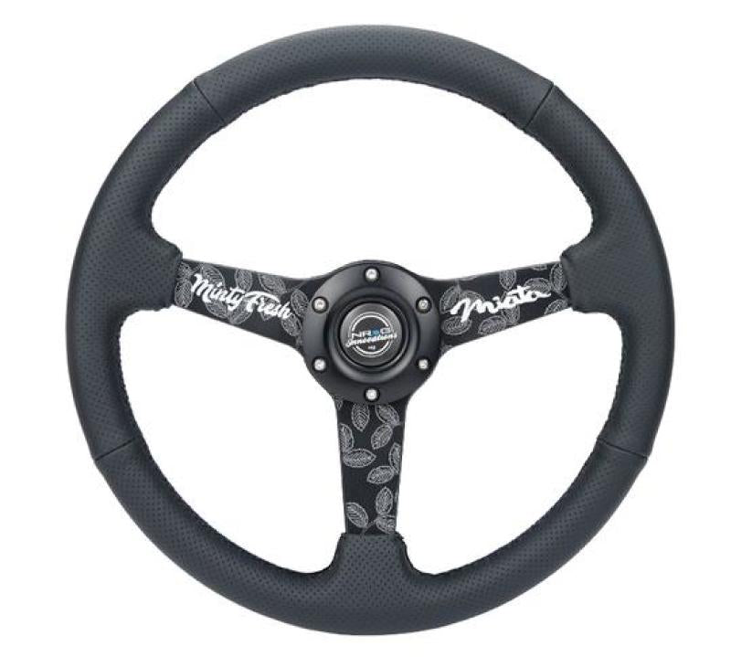 NRG Sport Steering Wheel (350mm/ 1.5in. Deep) Black Etched Spokes/ Black Leather w/ Black Stitch Steering Wheels NRG