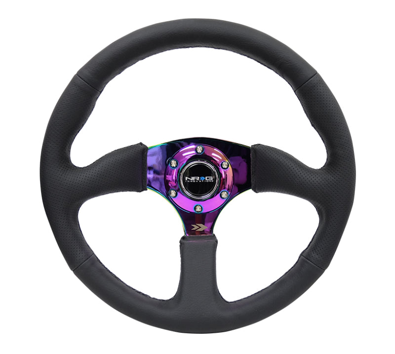 NRG Reinforced Steering Wheel (350mm / 2.5in. Deep) Leather Race Comfort Grip w/4mm Neochrome Spokes Steering Wheels NRG