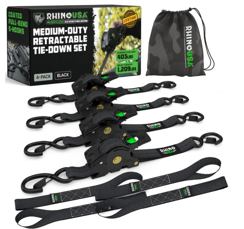 Rhino USA Retractable Ratchet Straps (4Pk 1Inx10Ft) (Black) Tow Straps Rhino USA