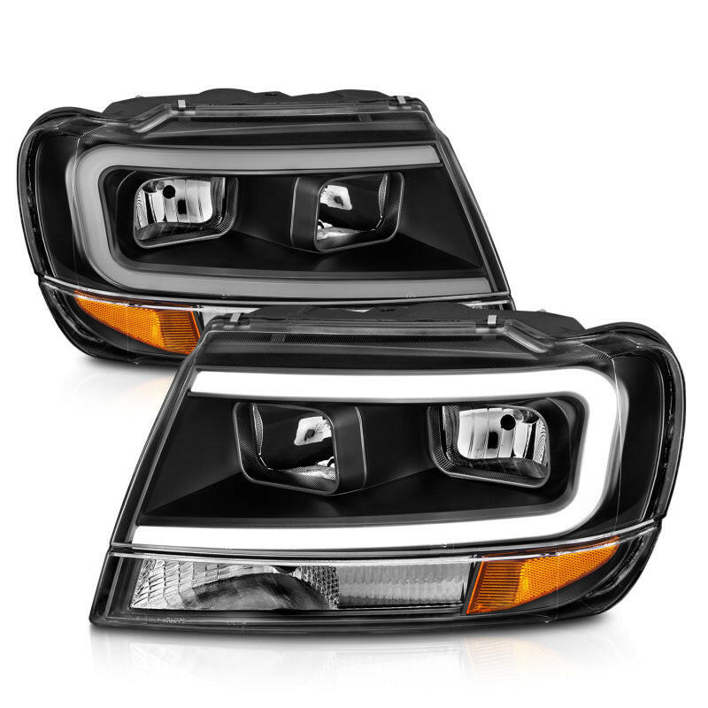 ANZO 99-04 Jeep Grand Cherokee Crystal Headlights - w/ Light Bar Black Housing Headlights ANZO