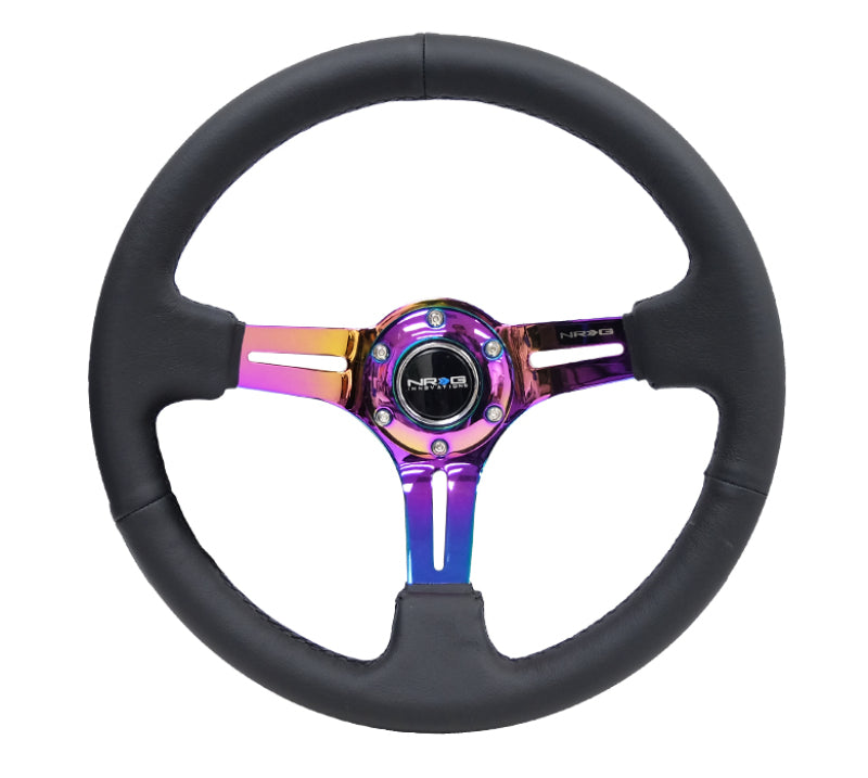 NRG Reinforced Steering Wheel (350mm / 3in. Deep) Blk Leather/Blk Stitch w/Neochrome Slits Steering Wheels NRG