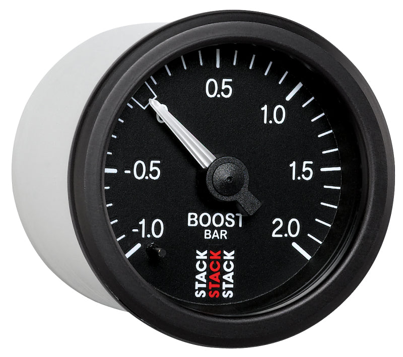 Autometer Stack 52mm -1 to +2 Bar T-Fitting 0.187in Barb (M) Mechanical Boost Pressure Gauge - Black Gauges AutoMeter