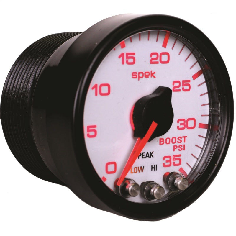 Autometer Spek-Pro Gauge Boost 2 1/16in 35psi Stepper Motor W/Peak & Warn White/Black Gauges AutoMeter