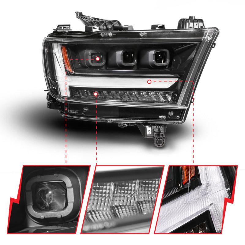 ANZO 19-24 RAM 1500 (New Body/OE Halogen) Full LED Proj Headlights DRL/SeqSig Black - Pass. Side Headlights ANZO